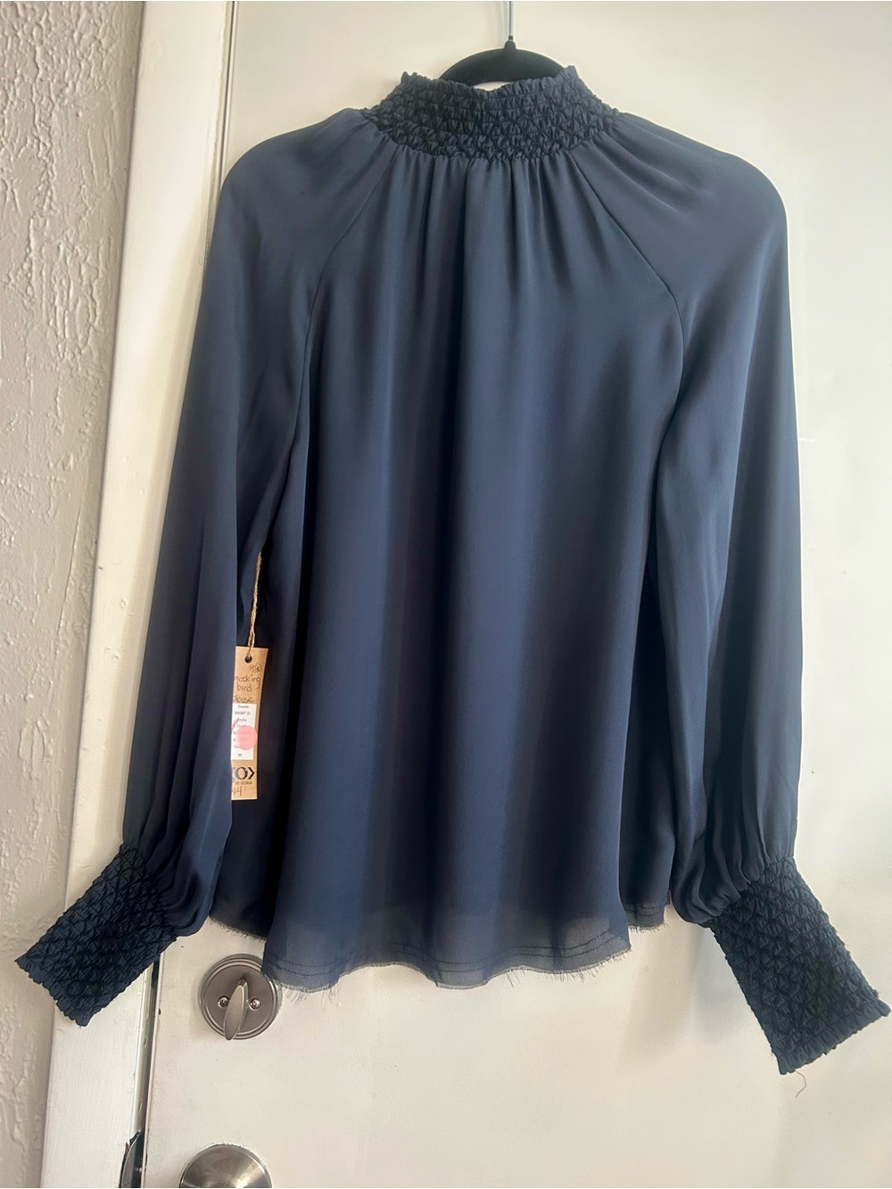 Smocked Neck Long Sleeve Blouse in Navy